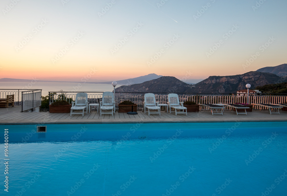 Swimming pool on the Amalfi Coast with views of the Gulf of Naples and Vesuvius. Sorrento. Italy