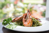 Green pasta and shrimp