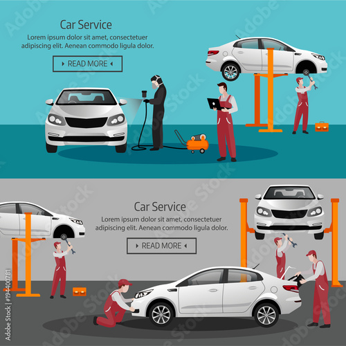 Flat horizontal banners with scenes presents workers in car service tire service and car repair vector illustration isolated vector illustration