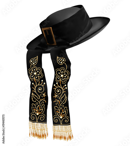 Black vector breton traditional mens hat with embroidered ribbons