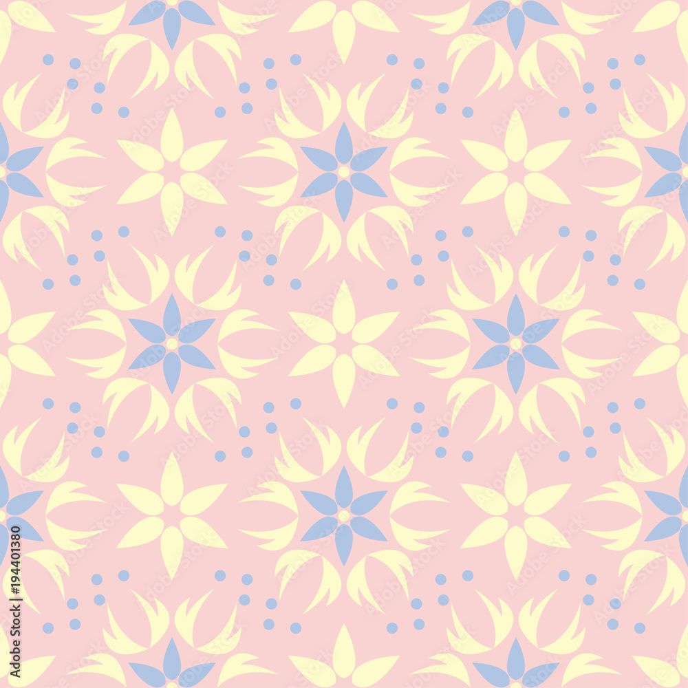 Pink floral seamless pattern with light blue and yellow flower elements Pink floral seamless pattern with light blue and yellow flower elements