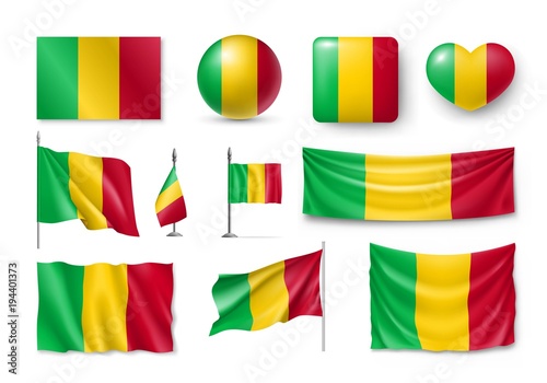 Set Mali flags, banners, banners, symbols, Realistic icon. Vector illustration of collection of national symbols on various objects and state signs