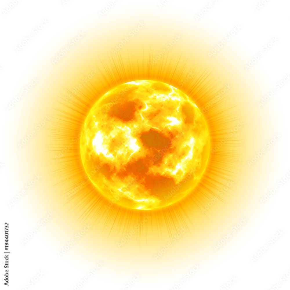 Vettoriale Stock Sun, white background, heavenly body, cartoon, realistic.  Star in center of solar system for illustrators. Vector illustration of  celestial luminary | Adobe Stock