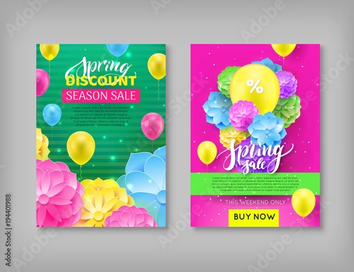 Banner, spring sale discount, colorful background. invitational flyer for seasonal sell-out lasting week. Vector illustration of auction of incredible generosity