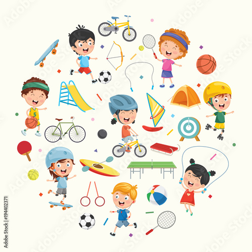 Vector Illustration Collection of Kids and Sport Equipments