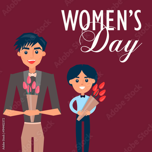 Man in Suit and Child Holds Flowers for Womens Day