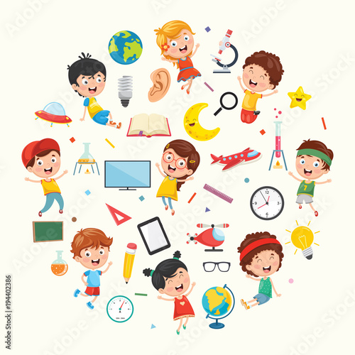 Vector Illustration Collection of Kids and Science Equipments