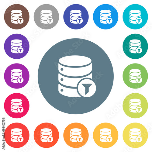 Database filter flat white icons on round color backgrounds