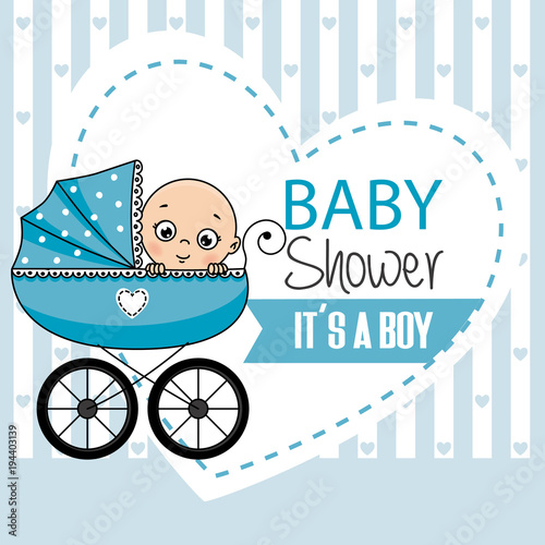 baby shower. Baby boy inside baby carriage.