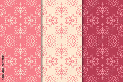 Set of red floral ornaments. Cherry pink vertical seamless patterns