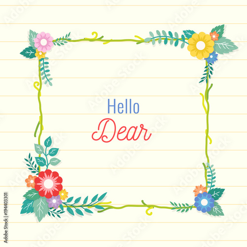Beautiful lined paper background with colorful flower with leaf ornament frame. Paper sheet for memo, note, quote, greeting card.