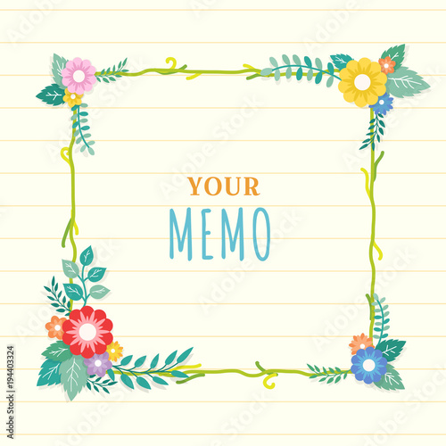 Beautiful lined paper background with colorful flower with leaf ornament frame. Paper sheet for memo, note, quote, greeting card.
