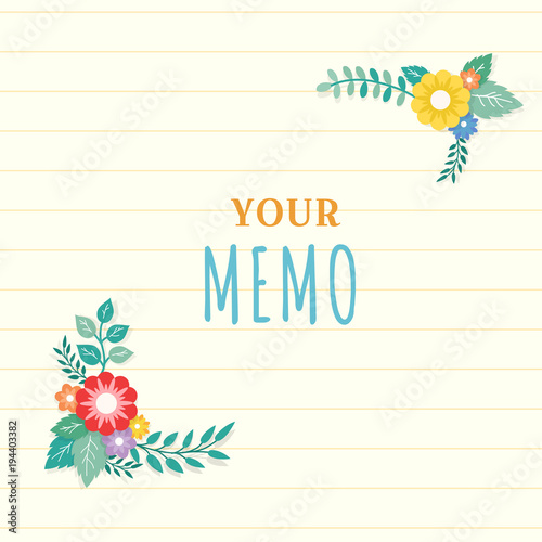 Beautiful lined paper background with colorful flower with leaf ornament frame. Paper sheet for memo, note, quote, greeting card.