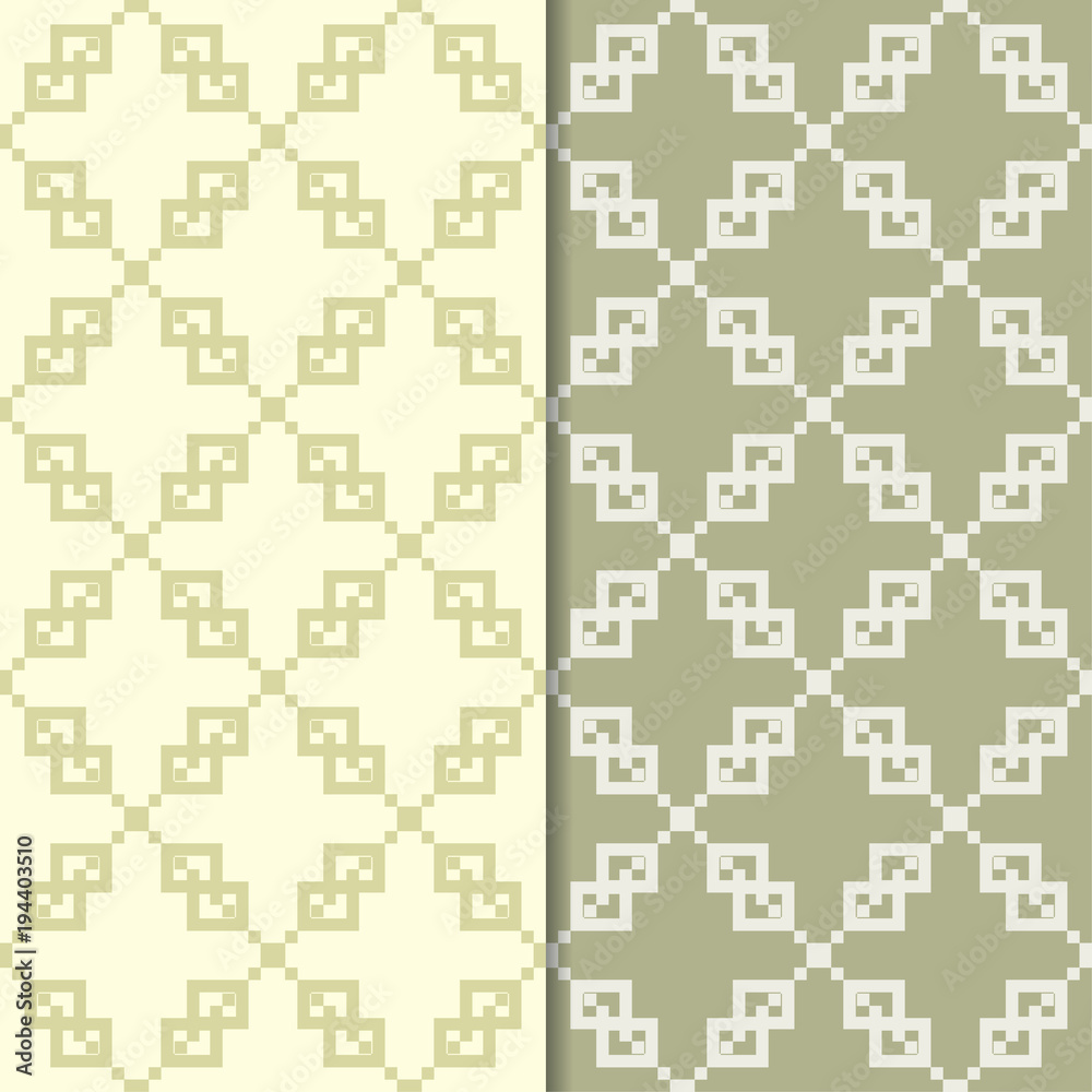 Olive green geometric ornaments. Set of seamless patterns Olive green geometric ornaments. Set of seamless patterns