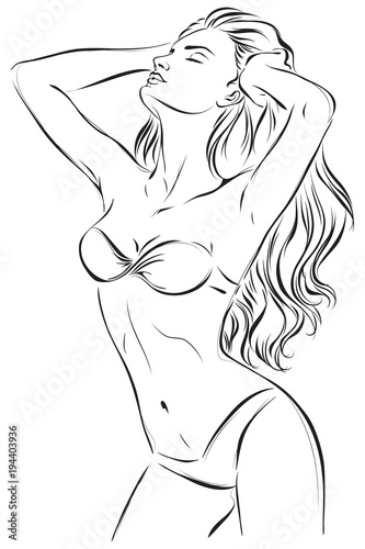 Graphic image of a fashion girl in a beautiful bathing suit. Vector illustration