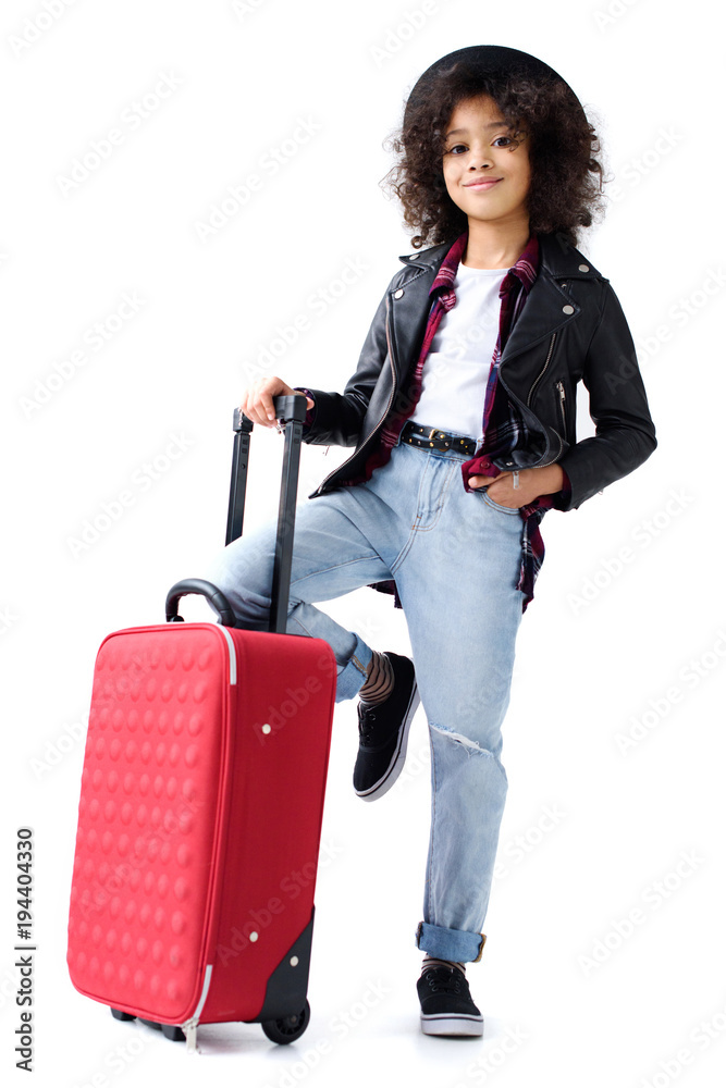 smiling little child in stylish clothing with suitcase isolated on white smiling little child in stylish clothing with suitcase isolated on white