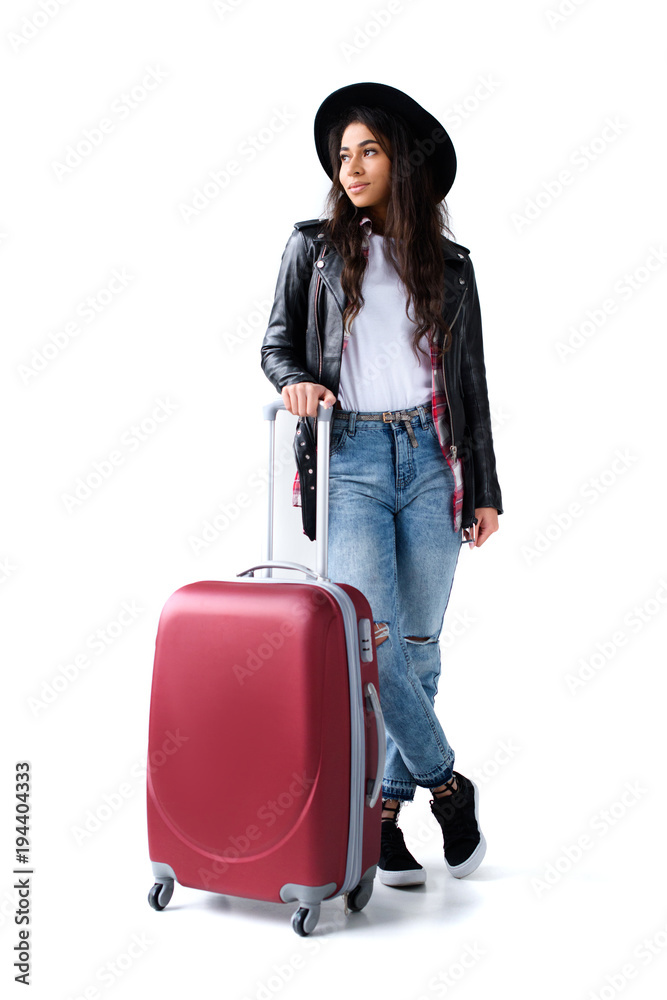 attractive young woman with luggage isolated on white attractive young woman with luggage isolated on white