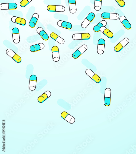 Colorful capsules falling background.