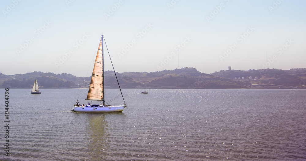 Obraz premium ship sailboat on the river there is a place for the inscription