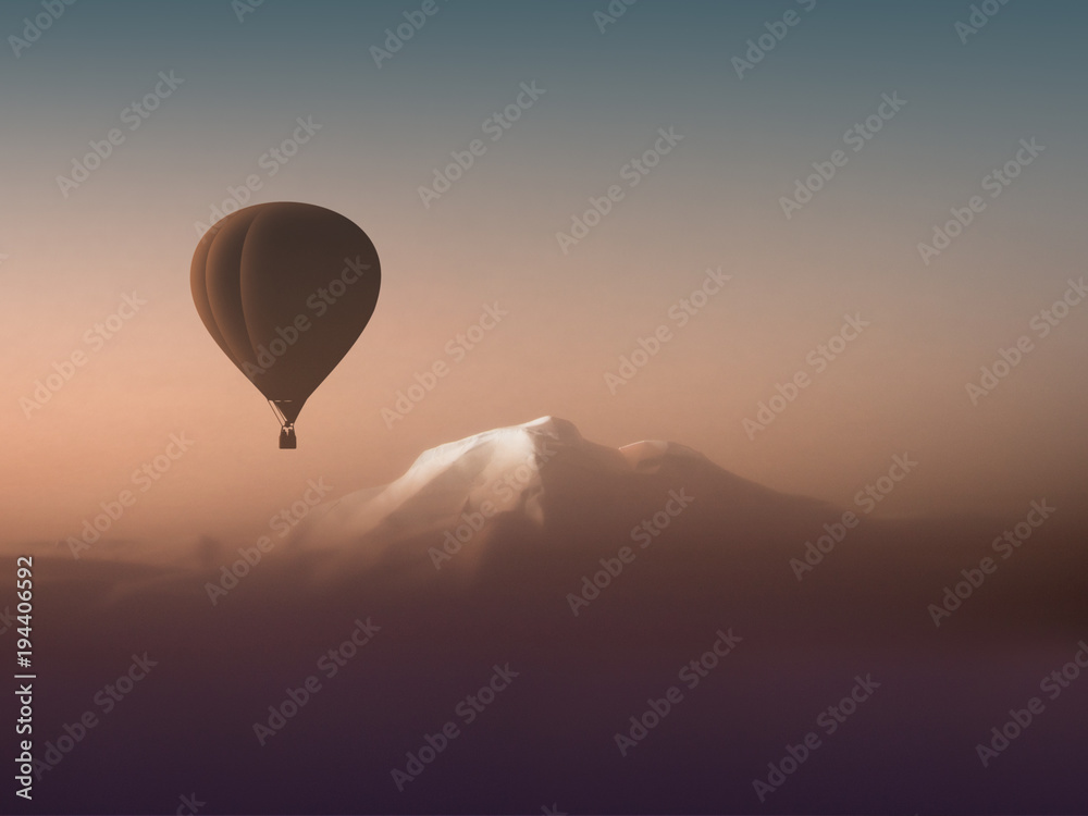 Fototapeta premium silhouette hot air balloon flying over the mountains. wonderful landscape mountain view copyspace. air sports travel aerostat
