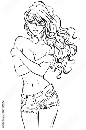 Sketch of a young girl with beautiful hair in shorts