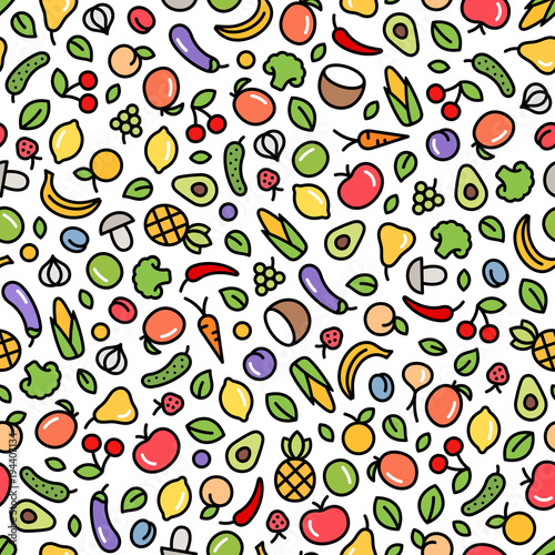 Seamless background with fruits and vegetables. Vector fresh organic food pattern