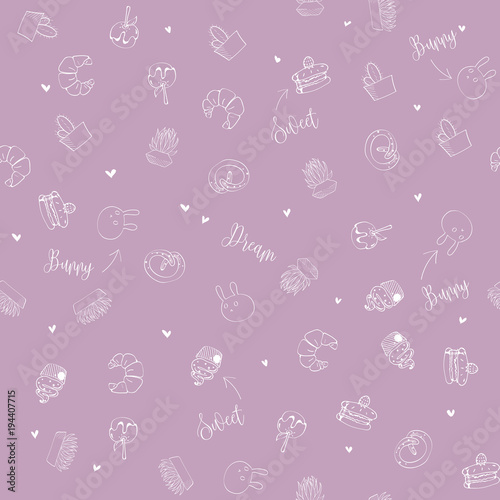 Gift wrapping paper seamless pattern with cute cartoon flowers and sweets, children vector illustration lilac background