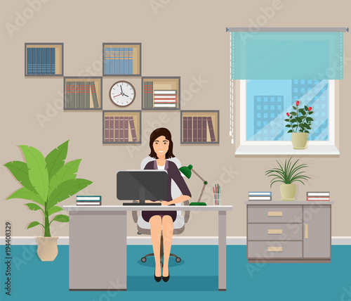 Office employee sitting on working place at the table with laptop. Business woman character in office interior