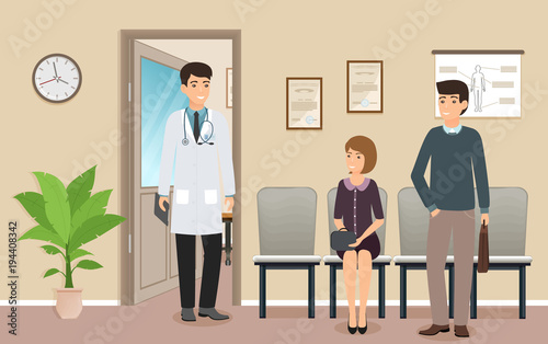 Male doctor in uniform meets the patient characters in medical clinic. Woman and man patients near a doctor's office.