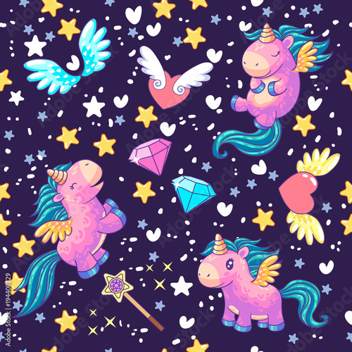 Decor elements set with cute unicorns with diamonds  hearts  magic and wings.Seamless pattern. It can be used for sticker  patch  phone case  poster  t-shirt  mug and other design.