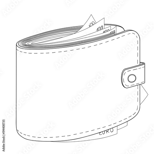 Mans purse full of money. Euro income, wealth. Vector object on a white background. Coloring book