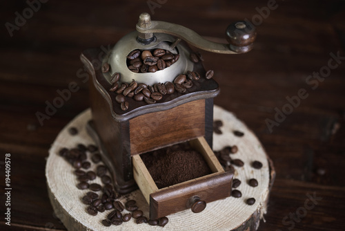 Wooden and old fashioned coffee mill
