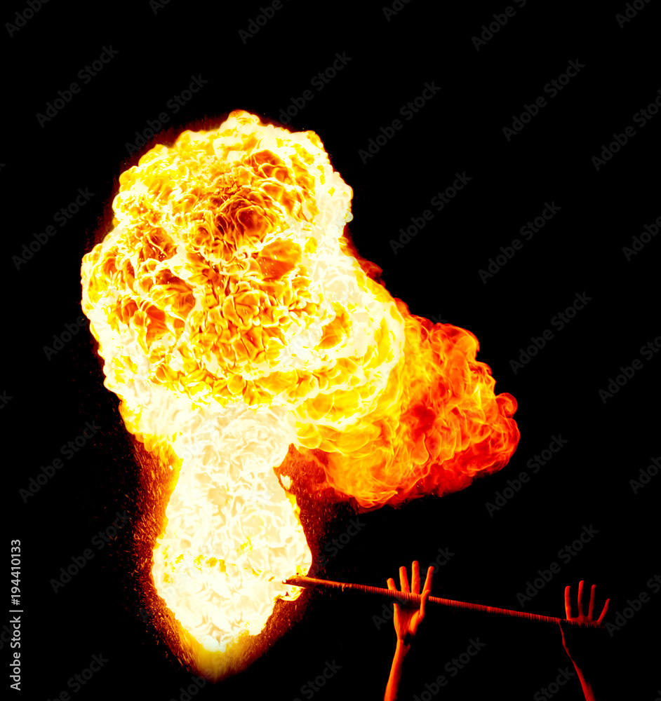Αυτοκόλλητο Fireshow, fire staff, explosion of fire on a black background