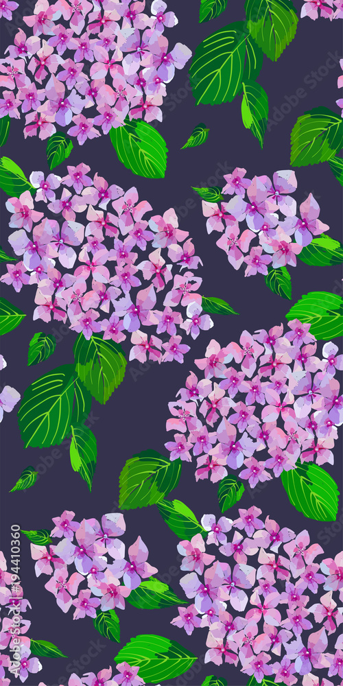 Garden Pink Hydrangea flowers seamless pattern. Botanical illustration in hand drawn style. Lilac Flowers and leaves isolated. Vector floral design for textile prints, wedding or greeting cards. . Garden Pink Hydrangea flowers seamless pattern. Botanical illustration in hand drawn style. Lilac Flowers and leaves isolated. Vector floral design for textile prints, wedding or greeting cards. .