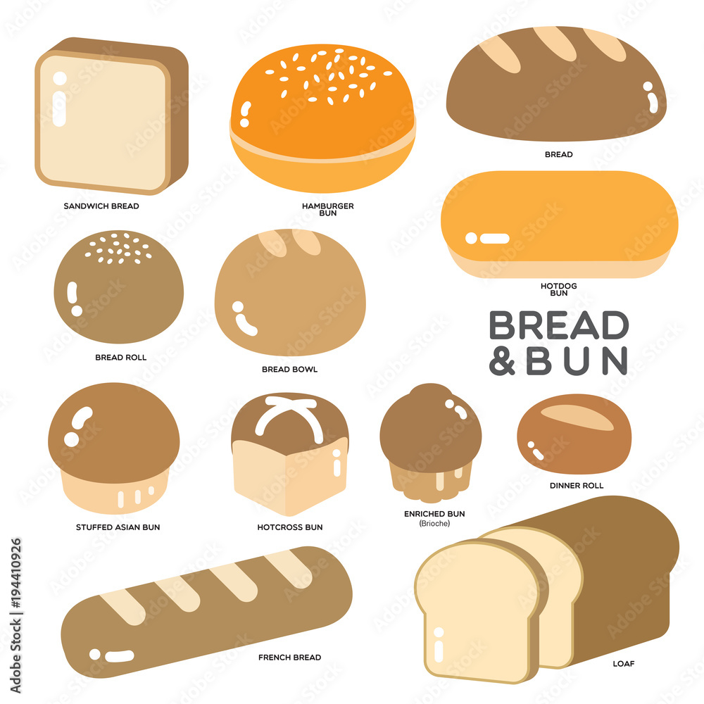 BREAD AND BUN Different kinds of bread, bun and roll in golden color