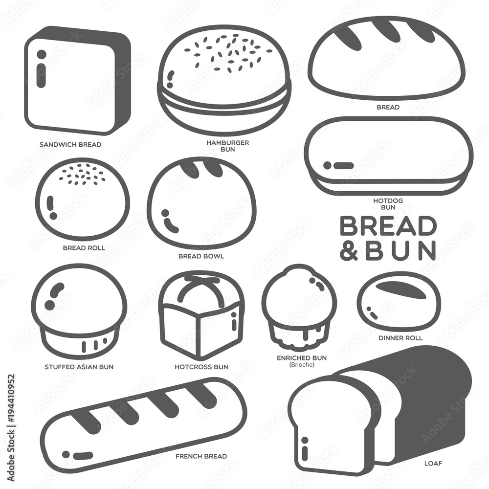 BREAD AND BUN ICON Different kinds of bread, bun and roll are
