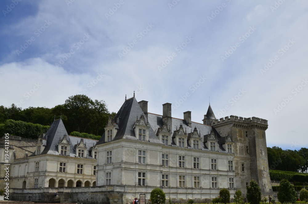 Villandry, Loire valley, France June 26 2017. View of the castle on the side of magnificent vegetable gardens, salads and vegetables masterfully cultivated.