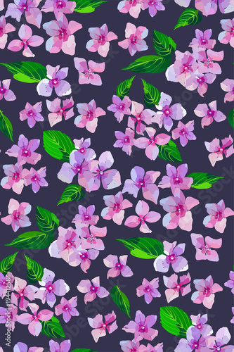 Garden flowers seamless pattern. Botanical illustration in hand drawn style. Lilac Flowers and leaves isolated. Vector floral design for textile prints, wedding or greeting cards. .