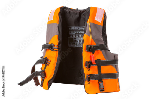 orange life jacket on white background, vest undone