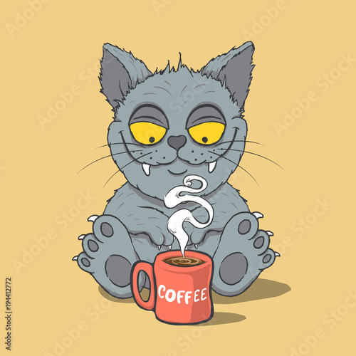 Funny cat with cup of coffee in the morning. Animal characters.Cartoon vector illustration