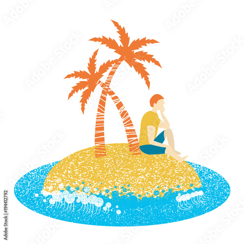 Lonely man sitting on an island and looking to sea waves.Vector isolated on white