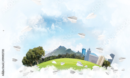 Concept of eco green life as elegant business center on white clouds