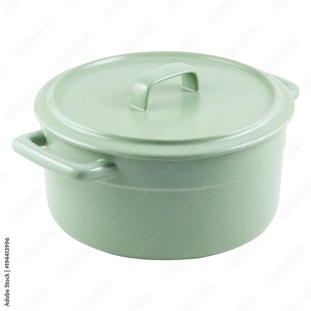 green ceramic pan, modern utensils, on white background green ceramic pan, modern utensils, on white background
