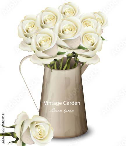 White roses Vintage bouquet Vector realistic. Flowers bouquet in a pot. 3d de...