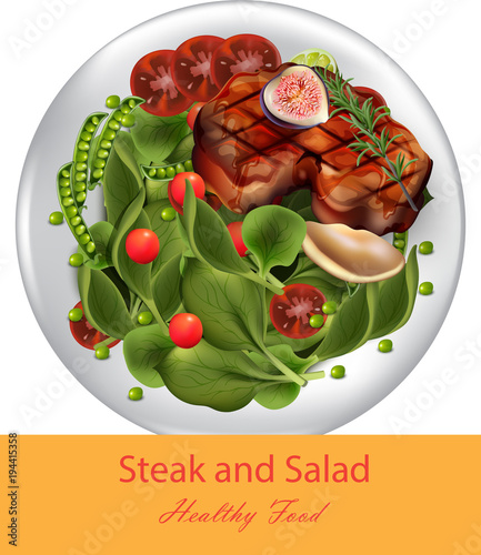 Steak and spinach salad Vector realistic. Healthy gourmet dinner. Template me...