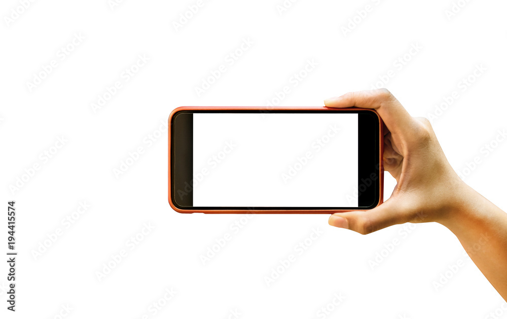Hand holding blank white screen smartphone isolate on white background..