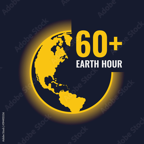 yellow earth world and light sign and Earth hour 60+  text vector design