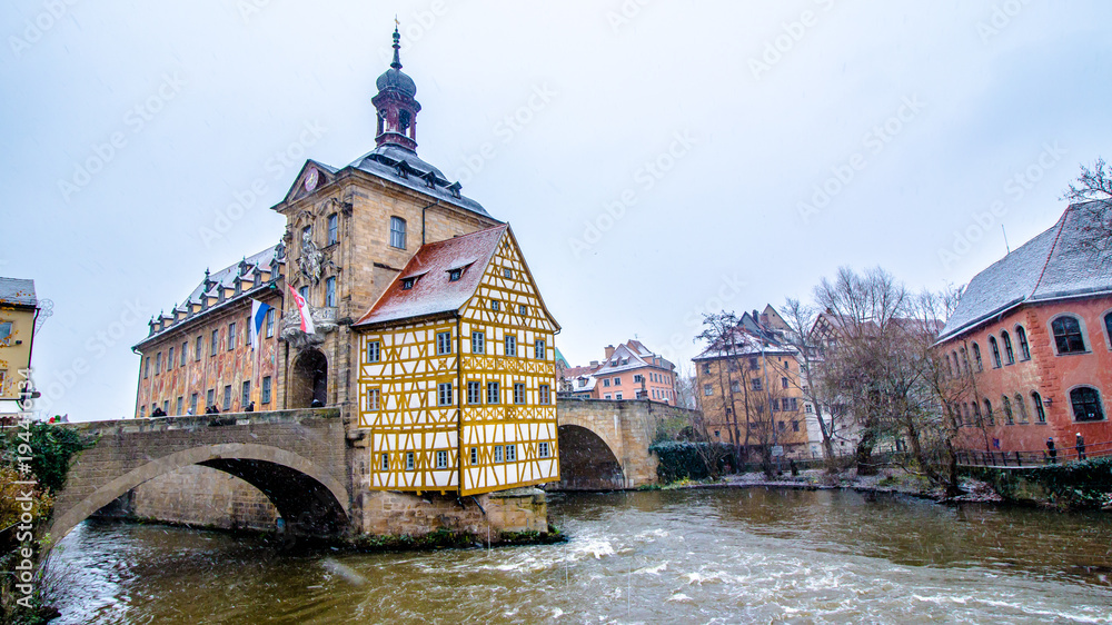 Old town hall in Bamberg while it snows, Germany
