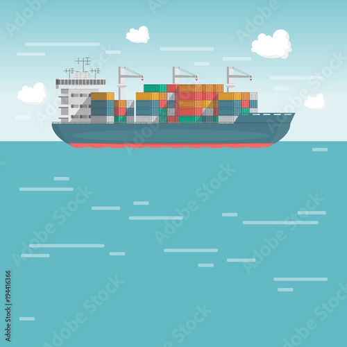 Sea transportation logistic. Sea Freight. Cargo ship, container shipping on flat style