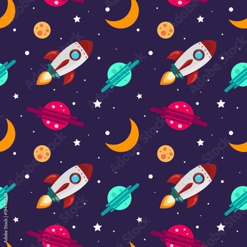 Naklejka Wzór na temat przestrzeni. Zestaw obiektów kosmicznych różnych planet, rakiety, gwiazd i asteroid. Ilustracja wektorowa na ciemnym tle.